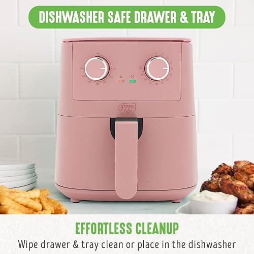 GreenLife 4.5QT Air Fryer, Mechanical Dial Controls, PFAS-Free Ceramic Nonstick Drawer, Adjustable Temp & Timer, LED Indicator, Oil-Less Cooking, Dishwasher Safe, Compact Family Size, Pink thumbnail 8