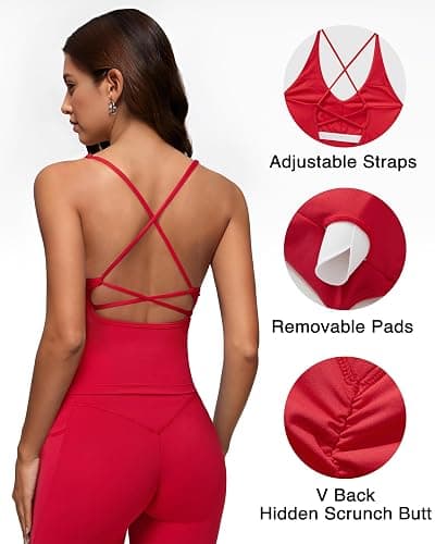 RXRXCOCO Strappy Back Workout Sets for Women 2 Piece Padded Tank Tops Hidden Scrunch Butt Lifting Leggings with Pockets thumbnail 4