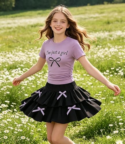 FJLSJSW Teenage Girls Skirt Set 2 Piece Short Sleeve Top Shirred Tiered Skirt Outfit Skirt for Teen Girls 7-13 Years thumbnail 5