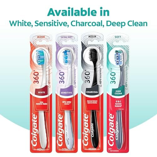 Colgate 360 Whole Mouth Toothbrush, Adult Toothbrushes Medium Bristles, Helps Remove Bad Breath Bacteria and Plaque, Medium Toothbrush Pack, Includes Cheek and Tongue Cleaner, 4 Pack thumbnail 7