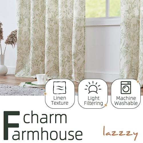 Lazzzy Linen Curtains Farmhouse Green Floral Print Curtains 84 Inches Long Back Tab Drapes for Living Room Bedroom Semi Sheer Patterned Country Vintage Curtains 2 Panels Set Rod Pocket Green on Beige thumbnail 5