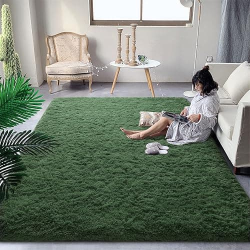 DweIke Fluffy Dark Green Rugs for Bedroom Living Room, 3x5 Feet Soft Plush Shaggy Forest Hunter Green Girls Boys Kids Rug, Non-Slip and Machine Washable Carpet for Dorm Nursery Classroom Decor - Image 1