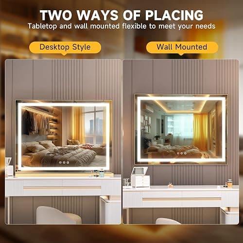 Hasipu Vanity Mirror with Lights, 32" x 20" LED Makeup Mirror, Lighted Makeup Mirror with Dimmable 3 Modes, Touch Screen Control Vanity Mirror Square Gold thumbnail 6