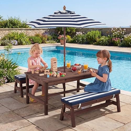 Costzon Kids Picnic Table, Fir Wood Toddler Outdoor Table & Bench Set w/Removable Umbrella & Cushions, Stripe Fabric, Kids Outdoor Furniture for Patio Backyard Garden, Fits 4 Children Age 3+ (Blue) thumbnail 9