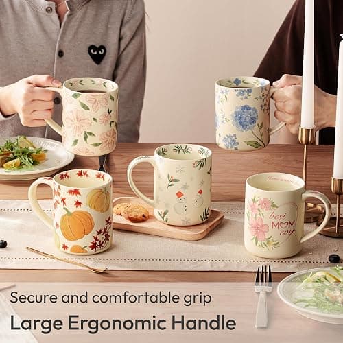 LINVIA 18 oz Large Ceramic Coffee Mug, Porcelain Tea Cup with Big Handle | Garden Floral Teacup, Microwave Dishwasher Safe (Winter, Christmas Tree and Snowman) thumbnail 2