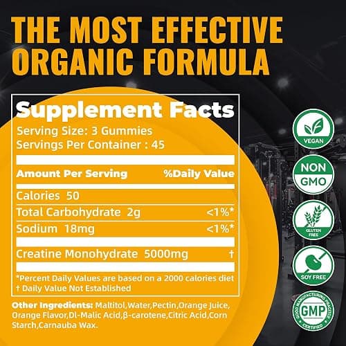 Natures Aid Creatine Monohydrate Gummies (5g) – Pre-Workout Energy & Muscle Growth Support for Men & Women | Orange Electrolyte Gummies (135 Count) thumbnail 3