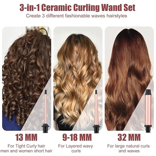 Curling Wand 3 in 1 Hair Curler Ceramic Curling Tongs Iron Set | Long Thick Thin Hair Interchangeable Barrels Beach Waves Styling Tools with Glove Rose Gold thumbnail 2
