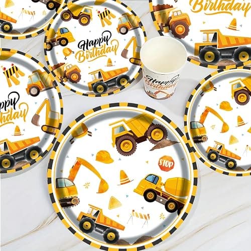 194Pcs Construction Plates Birthday Party Supplies Decorations Serve 24 | Includes Napkins Cups Tablecloth and Banner | Boys Construction Themed Birthday Party thumbnail 7
