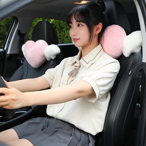 2 Pack Heart Shaped Cute Car Headrest Pillow with Angel Wings - Comfortable Soft Head Rest Cushion Kawaii Car Accessories Neck Pillow for Driving Travelling Office Home Decor - Pink Love Heart thumbnail 3