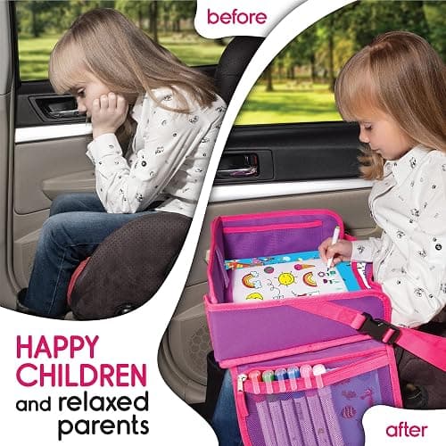 ECOFANTASY Kids Travel Tray - Waterproof Lap Table with No-Drop Large Tablet Holder - Car Seat Tray - Road Trip Essentials Kids - Car Desk Organizer for Airplane - Toddler Travel Essentials (Pink) thumbnail 5