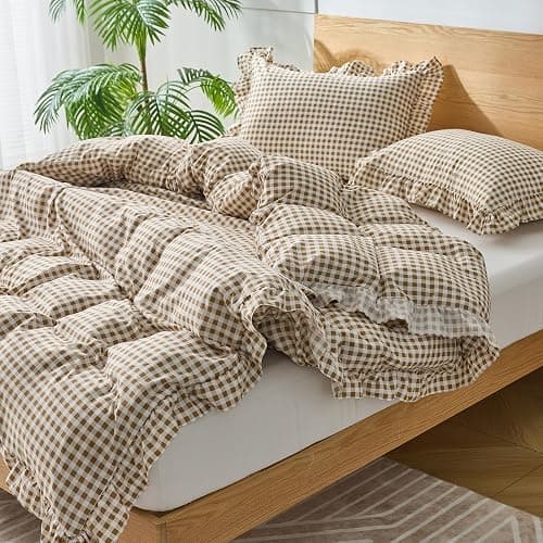 kisswish Gingham Duvet Cover Queen Size, 3 Pieces Soft Breathable Microfiber Plaid Comforter Cover with Zipper Closure & 2 Pillow Shams, Ruffle Farmhouse Vintage Decor, Taupe thumbnail 4