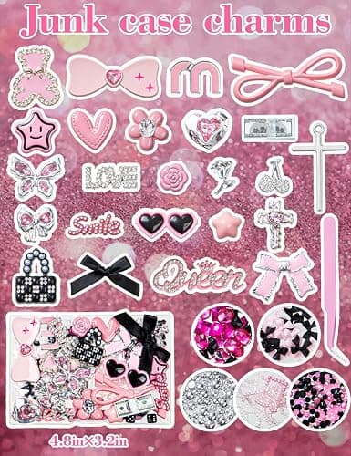 RQAYE Junk case charms,Junk Phone Case Charms Kit,Pink Charms for Customizing Diy Cases,With Cute Bow,Flatback Pearls thumbnail 2