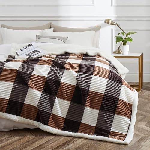 PU MEI Sherpa Blanket Twin Plaid Thick Bed Blanket, 60”*80” Super Soft Flannel Fuzzy Fleece Reversible Velvet Plush Warm Blanket for Couch(Brown-Check, 60"*80") thumbnail 3