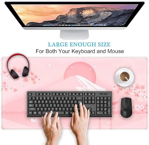Cherry Blossom Mouse Pad Kawaii Pink Floral Desk Mat, Japanese Pastel Sakura Large Anime Gaming Mousepad XXL, Cute Aesthetic Mount Fuji Japan Keyboard Mats for Women Office Desk Pads 31.5"x15.75" thumbnail 4
