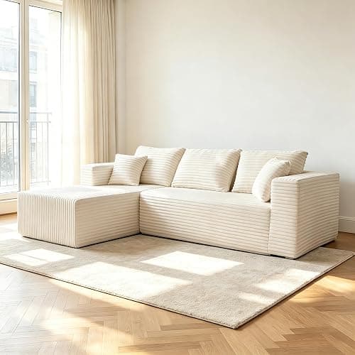 93" Modular Cloud Couch, Convertible L-Shaped Sectional Sofa with Chaise & Deep Seat, Corduroy Boneless Couches for Living Room Apartment, No Assembly - Beige (Left Facing Chaise) - Image 1
