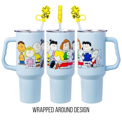 Silver Buffalo Peanuts Gang Charlie Brown, Snoopy, Woodstock, Lucy, Sally, Linus, Double Walled Stainless Steel Tumbler with Handle, Straw, and Straw Cap, Fits in Standard Cup Holder, 40 Ounces thumbnail 6