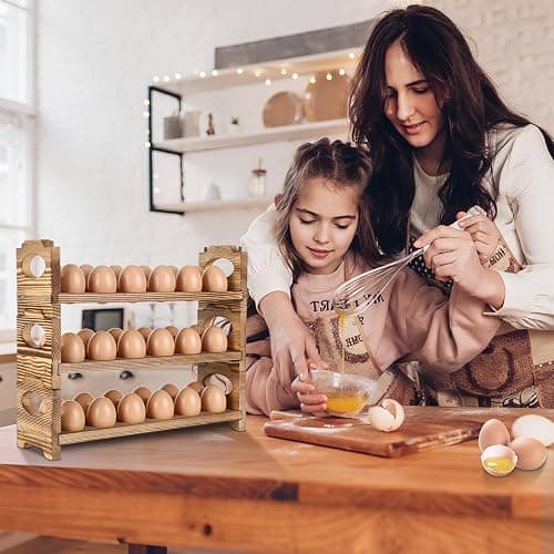 AOOHOOA Wooden Egg Holder & Storage-3Tier /36-Hole Stackable Holds Fresh Eggs, Farmhouse Eggs Rack Wood, Rustic Countertop Chicken Egg Organizer Wood with Distressed Finish for Home Kitchen Decoration thumbnail 2