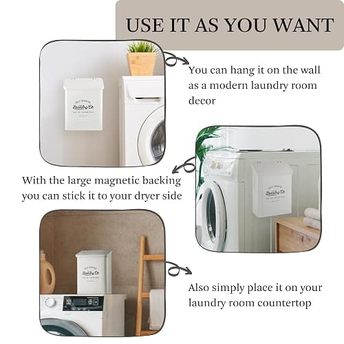 MONJITA Magnetic Lint Bin for Laundry Room, Metal Trash Can with Lid for Dryer, Farmhouse Lint Holder, Laundry Co Sign, Laundry Room Storage Decor with Dryer Lint Brush(White) thumbnail 3