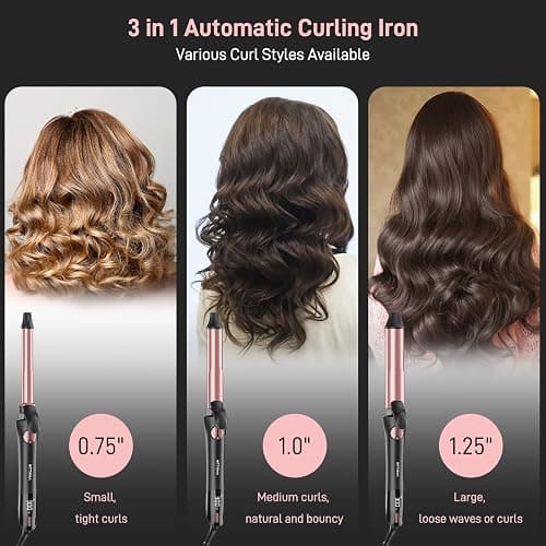 Rotating Curling Iron - 3 in1 Automatic Curling Irons with Interchangeable CurlingWand, 3/4, 1 1/4, 1 Inch for Lasting Beach Waves, Adjustable Temp, Instant Heat, Dual Voltage (Rose Gold) thumbnail 2