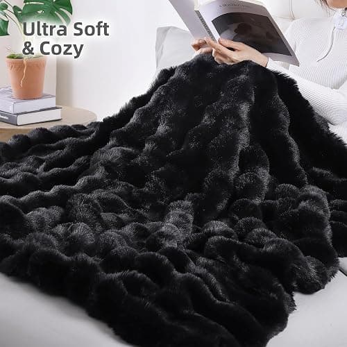 Smoofy Faux Fur Throw Blanket for Couch – Black Fluffy Cozy Rabbit Fleece, Plush Soft Bubble Blanket for Sofa & Bed, for Mom, Warm Fuzzy Home Room Decor Throw 50" x 60" thumbnail 4