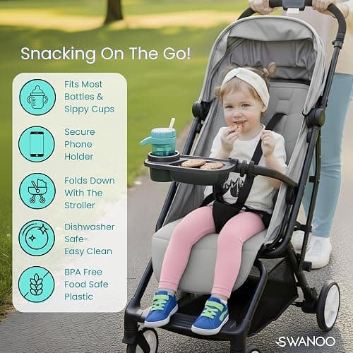 Swanoo Universal Stroller Snack Tray with Phone Holder | Compatible with Nuna Mockingbird Bugaboo Uppababy | Stroller Bumper Bar Tray Attachment | Baby Toddler Disneyland -Single Pack thumbnail 6
