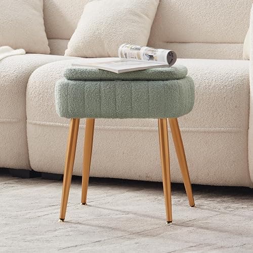 ZYKZYK Updated Vanity Chair, Storage Ottoman with Folding Back & Gold-Toned Metal Legs, Ottoman Seat with Teddy Velvet for Dressing Room Living Room Bedroom, 16" x 12.5" Inch thumbnail 5