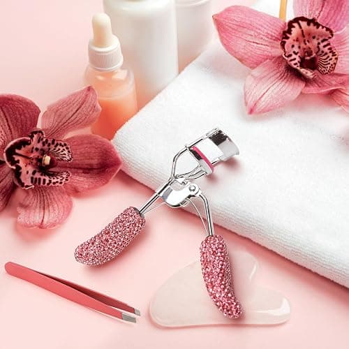 Pink Eyelash Curlers with Slant Tip Tweezer Pink Bling Crystal Rhinestone Eyelashes Curls for Dramatic Long Lasting Seamless Brilliant Eyes, Best Bedazzled Makeup Stuff Things For Mascara Asian Beauty thumbnail 3