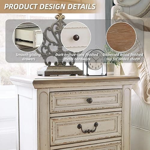 Signature Design by Ashley Realyn French Country 3 Drawer Nightstand with Electrical Outlets & USB Ports, 27.75" Tall, Chipped White thumbnail 5