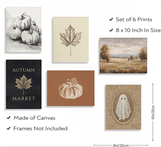 6Pcs Fall foison Pumpkin Wall Art Retro Country Autumn Maple Leaf Poster Prints Halloween Ghost Canvas Picture Wall Decor for Autumn Gallery Living Room Bedroom 8x10in Unframed thumbnail 5
