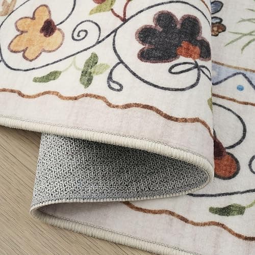 Rugcomf Living Room Rug 5x7 Rug Machine Washable Boho Area Rug Non Slip Floral Animal Cat Vintage Low Pile Large Rugs for Living Room Bedroom Farmhouse Dining Room Kids Playroom, Beige thumbnail 6