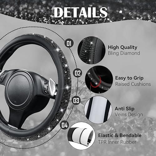 CAR PASS Bling Diamond Leather Steering Wheel Cover, With Sparkly Crystal Glitter Rhinestones Universal Fit 14"1/2-15" Car Wheel Protector for Women Girl Fit Suvs,Vans,Sedans,Car,Trucks, Black Diamond thumbnail 4
