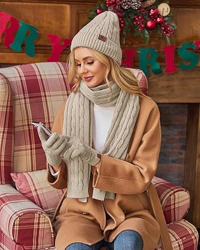 Womens Winter Beanie Hats Long Scarf Touchscreen Gloves Set Warm Knit Skull Caps Gifts for Women Scarfs Gifts for Women thumbnail 7