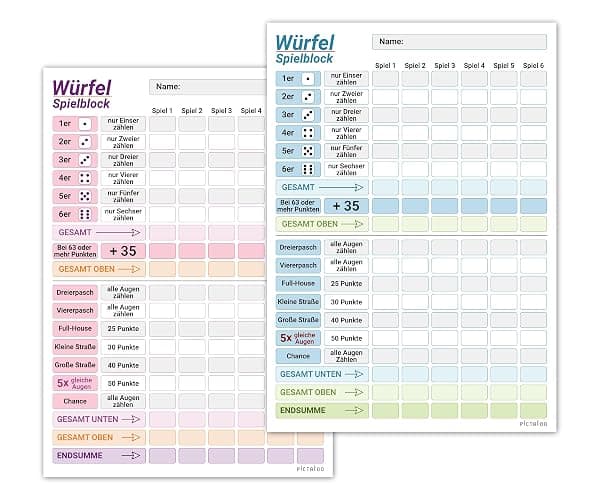 PICTALOO Würfelspiel Block Partner Set, blau und rosa, gut lesbar und übersichtlich gestaltet, moderner Ersatzblock, Spielblock groß, auch für Senioren und Kinder geeignet, Würfel Spiel Set (1 Set) - Image 1