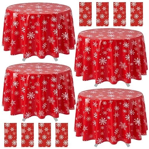 Ganeen 12 Pcs Snowflake Tablecloth Red White, Plastic Round Winter Xmas | Winter Table Covers with Placemats, Disposable for Easy Cleanup, Festive Snowflake Print for Holiday Parties - Image 1