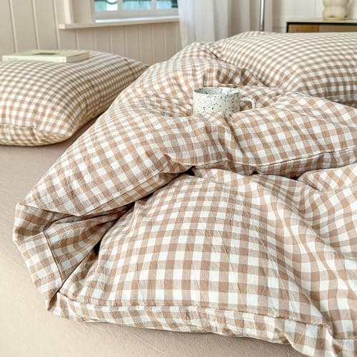 LifeTB Queen Comforter Set Tan Gingham Comforter Modern Style Beige Plaid Comforter Set 3 Pieces Fluffy Grid Checkered Comforter with 2 Pillowcases Boho Gingham Bedding Set Queen Size thumbnail 4