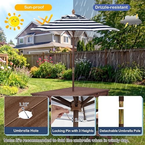Costzon Kids Picnic Table, Fir Wood Toddler Outdoor Table & Bench Set w/Removable Umbrella & Cushions, Stripe Fabric, Kids Outdoor Furniture for Patio Backyard Garden, Fits 4 Children Age 3+ (Blue) thumbnail 4