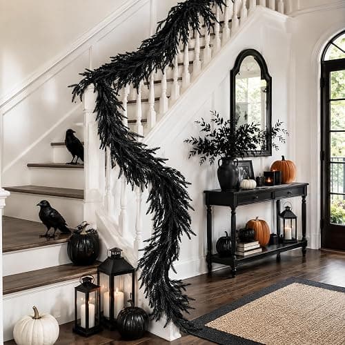2 Pcs 12ft Black Halloween Norfolk Pine Garland, Realistic Gothic Faux Garland Mantle Decoration, Black Artificial Hanging Vine Twigs for Door Fireplace Mantle Stairs Holiday Home Party Decoration thumbnail 7