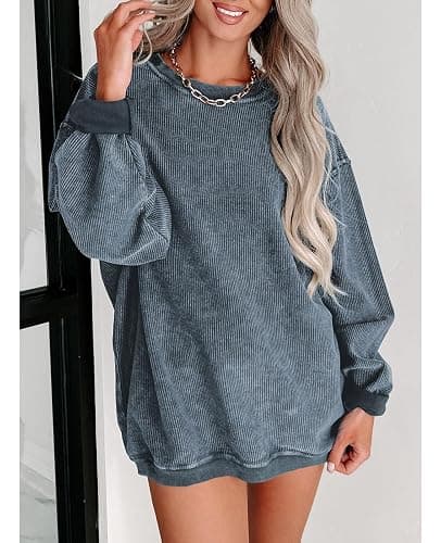 SELINK Womens Crewneck Oversized Corduroy Corded Sweatshirt Long Sleeve Casual Pullover Tops thumbnail 2