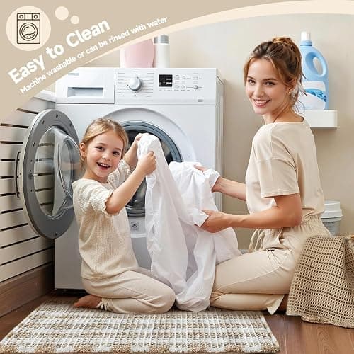 TYUU Waffle Bath Mat, Boho Bathroom Rugs Non Slip Washable Absorbent Checkered Bathroom Mat Quick Dry Farmhouse Bathroom Decor, 30"x20" Khaki and White thumbnail 5