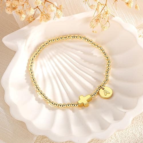 M MOOHAM Christmas Stocking Stuffers - Initial Bracelets for Women, Cross Bracelet for Womens Letter A-Z Cross Bracelet Gold Beaded Bracelets Dainty Small Jewelry, Religious Christian Gifts for Women thumbnail 7