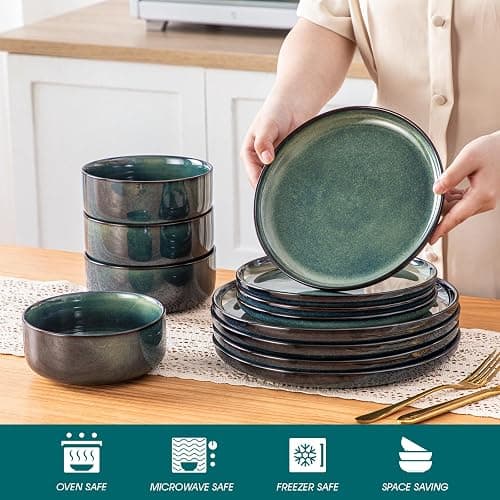 vancasso Starry 12 Pieces Dinnerware Sets for 4, Green Reactive Glaze Dishes Sets, Ceramic Plates and Bowls Set, Dinner Salad Dessert Plates, and Cereal Bowls Set, Dishwasher and Microwave Safe thumbnail 5