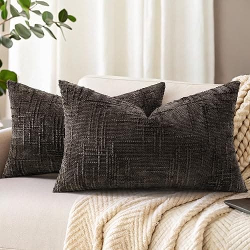 decorUhome Fall Dark Brown Chenille Throw Pillow Covers 12x20 Set of 2 Textured Soft Cozy Slubby Couch Pillow Covers Modern Farmhouse Boho Decorative Pillow Cases for Bed Sofa Living Room - Image 1