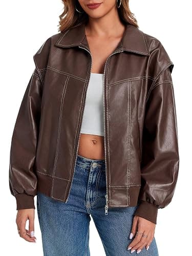 Tankaneo Womens Oversized Leather Bomber Jackets Cap Sleeve Zip Up Motorcycle Coats with Pockets thumbnail 3