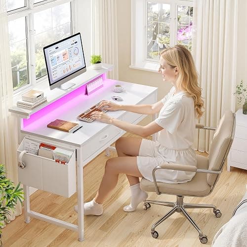 DurayLoly Computer Desk with 2 Drawers & LED Lights,39.4 Inch Home Office Desks with Side Pocket and Monitor Stand,Study Writing Table for Small Spaces,White thumbnail 3