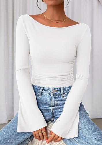 PRETTYGARDEN Womens Long Sleeve Shirts 2026 Spring Crop Going Out Tops Casual Boat Neck Bell Sleeve Ribbed Ruched Y2K Clothes thumbnail 5