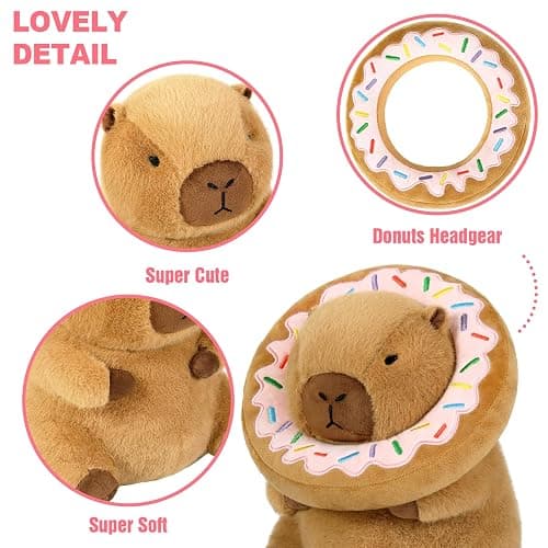 Ditucu Cute Capybara Plush Pillow with Wearable Donut Headgear Stuffed Animal Food Capibara Plushies Toys Gifts for Kids Brown 11 inch thumbnail 5