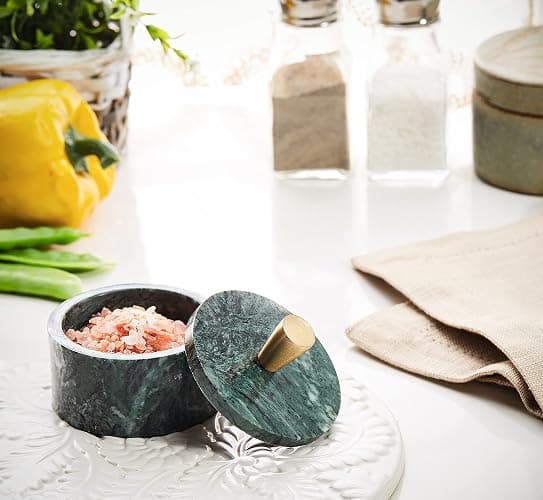 Queenza Green Marble Salt Cellar with Lid & Brass Knob - Natural Marble Spice Container for Kitchen Countertop, Gourmet Salt Holder, Small Decorative Storage Box, Gift for Home Chef thumbnail 6