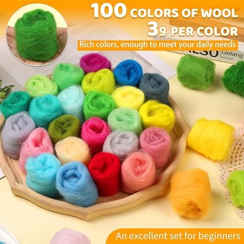 WONVOC 100 Colors Needle Felting Wool, Wool Roving 3g per Color, 10.5 oz Total, Premium Felting Wool for DIY Craft, Fiber Art and Hand Spinning, Needle Felting Supplies, Felting Kit thumbnail 2