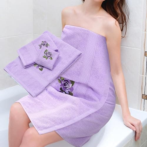 Hillsuren 3 Pcs Rustic Purple Roses Bathroom Towel Set Farmhouse Embroidered Purple Roses Towels Vintage Decorative 100% Cotton Bath Towel Highly Absorbent Elegant Summer Decor Set for Bathroom thumbnail 5