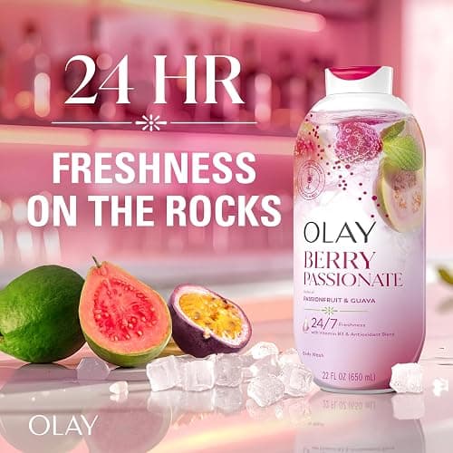 Olay Body Wash for Women, 24/7 Skin-Loving Freshness, Miami Mocktails, Plant Based Cleansers, Vitamin B3 & Antioxidant Blend, All Skin Types, Berry Passionate with Passionfruit & Guava Scent, 22 fl oz thumbnail 2